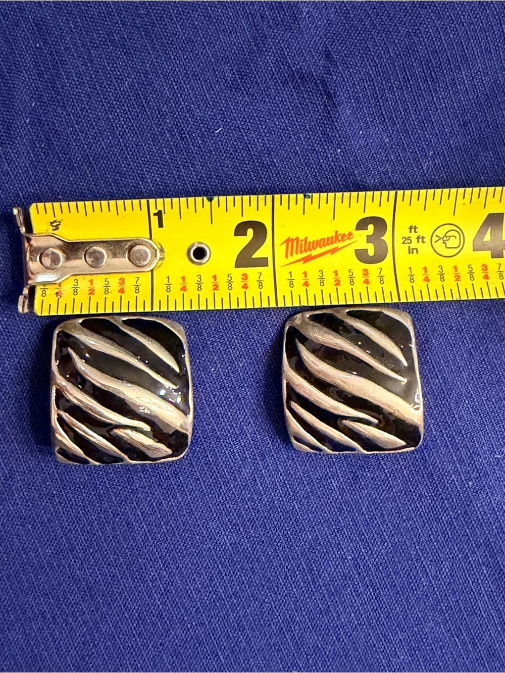 Women's Black Silver-Tone Square Clipon Earrings - Classic Striped Design